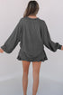 Corded Lantern Sleeve Top Ruffled Mini Skirt Two Piece Dress